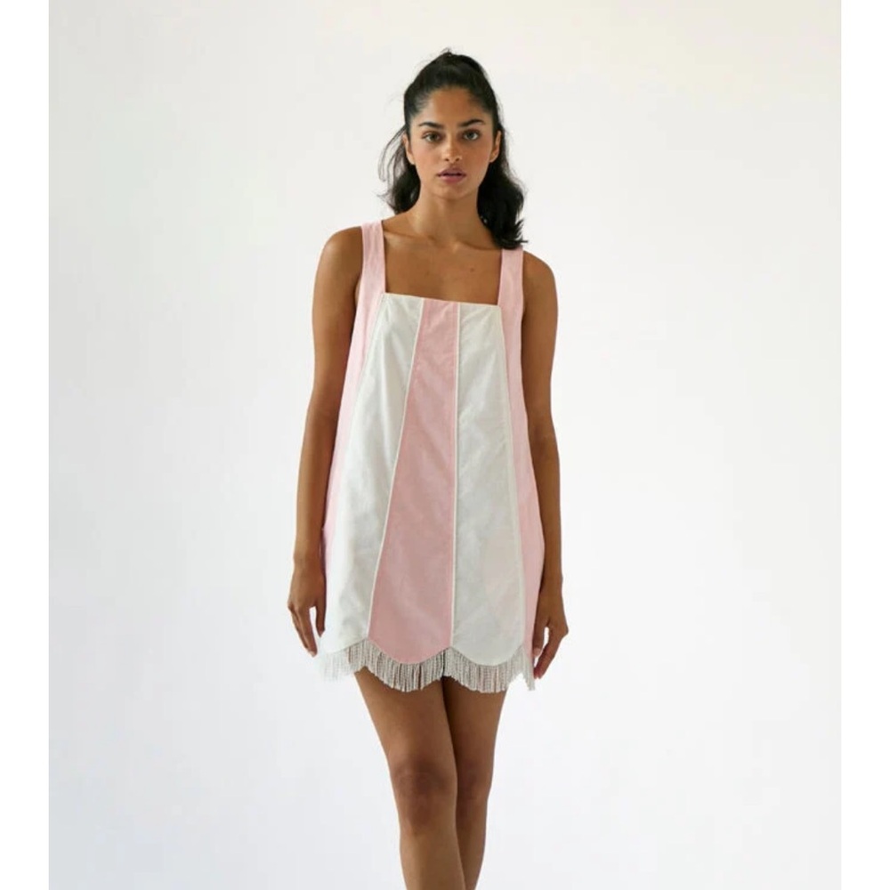 Rachel Antonoff Pink and White Striped Mini Dress with Fringe